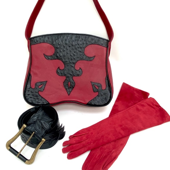 Red & Black Ostrich Leather Shoulder Bag - Picture 1 of 7